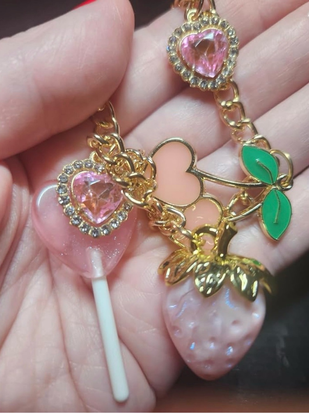 Coquette Charms Purse Chain ~ Kawaii Strawberry, Lollipop & Strawberry Charms